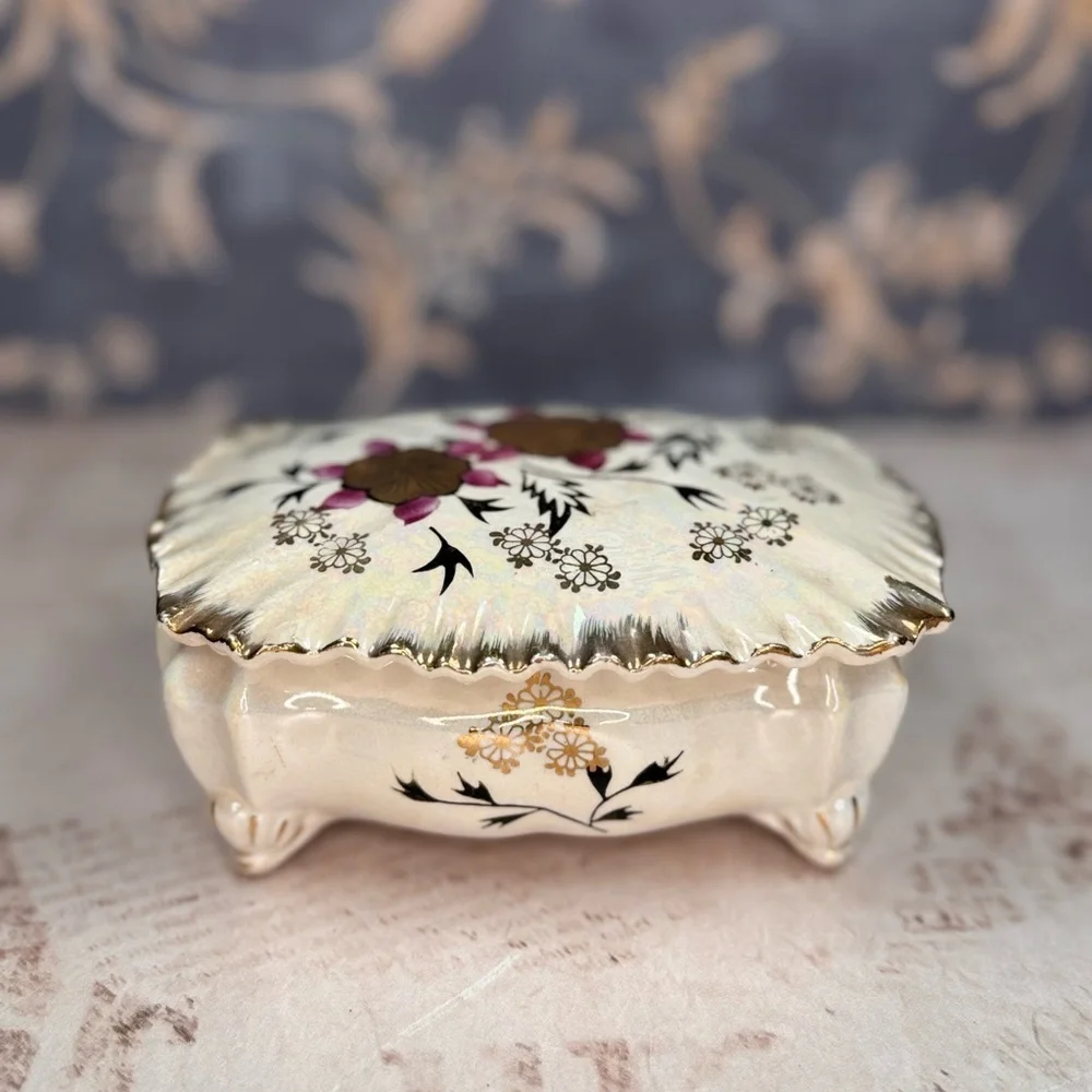 Vintage Japanese Hand-Painted Porcelain Trinket Box Floral Iridescent